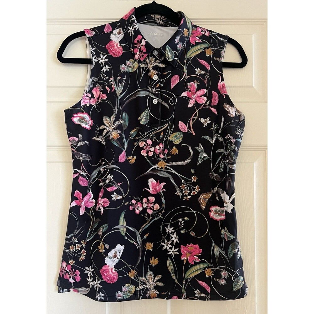 AceGolfs Botanical Energy Polo Shirt S Black Floral Golf UPF50+ Tennis Athletic